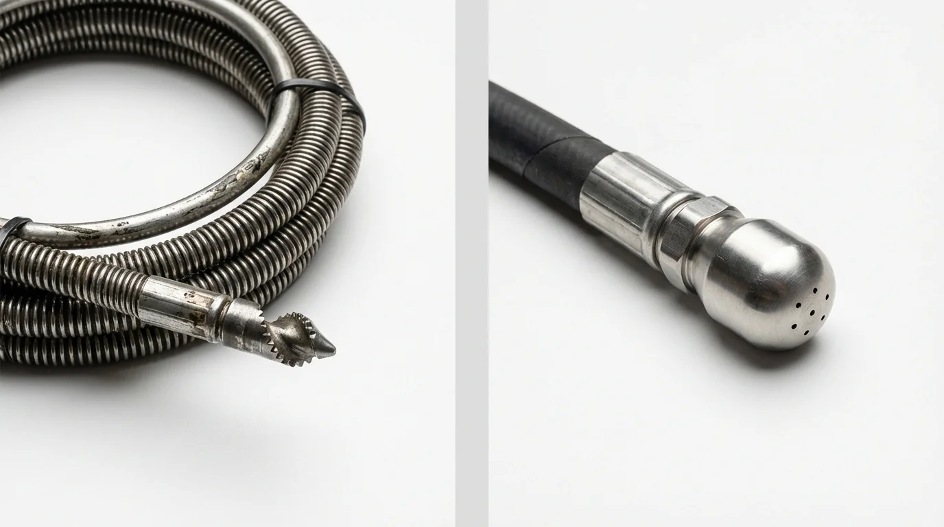 Drain snake cable and hydro jetting nozzle used for drain cleaning in Boxborough, MA
