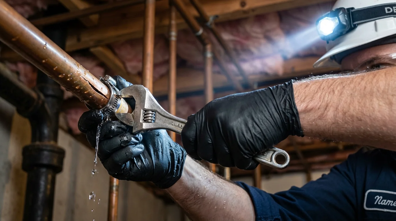 Emergency pipe clamp repair being performed by a Johns Plumbing LLC plumber in Boxborough